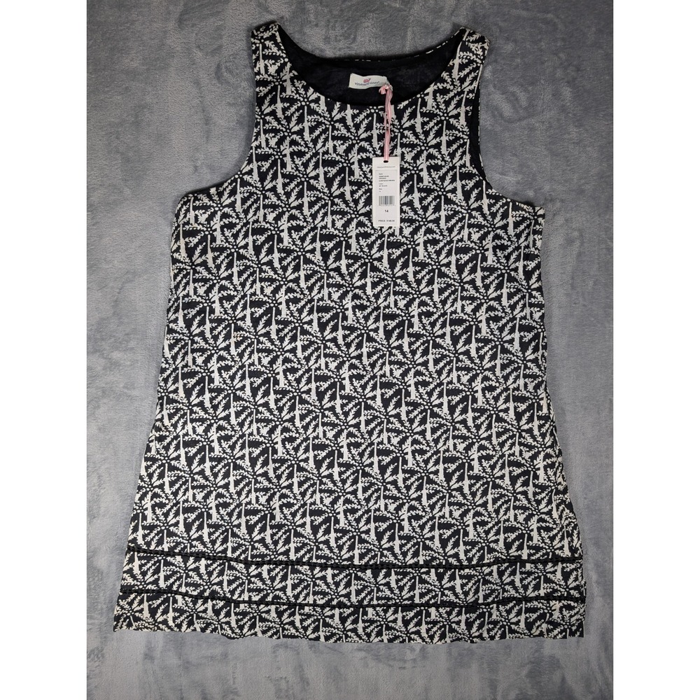 NWT Vineyard Vines Womens 14 Black White Palm Tree Linen Cotton Shift Dress
